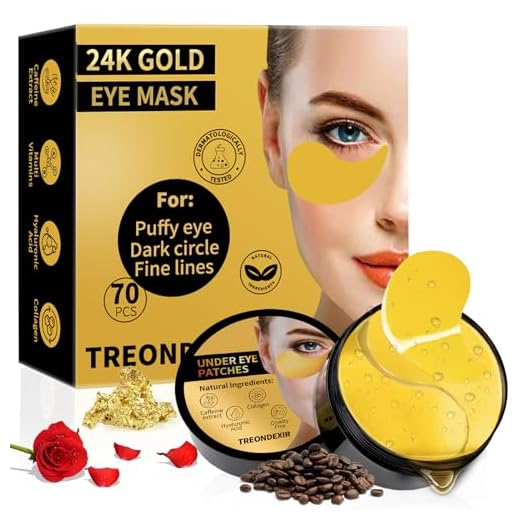 24K Gold Eye Masks for Dark Circles and Puffiness 70PCS, Under Eye Patches for Puffy Eyes Treatment, Under Eye Gel Pads w/Collagen, Caffeine, Peptides for Eye Bags Treatment, Gel Eye Mask Skincare