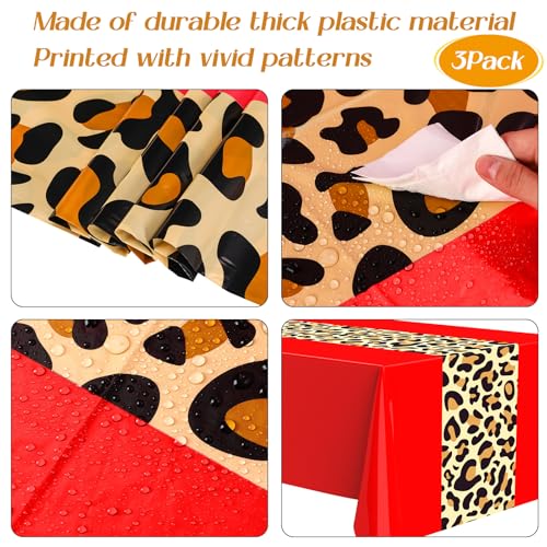 Image of Buryeah Leopard Print Tablecloth 54 x 108'' Leopard Plastic Table Cover Disposable Safari Animal Cheetah Print Party Decorations for Baby Shower Wedding Birthday Party Favors(Red,3 Pcs)