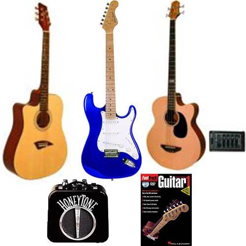 Acoustic & Electric Guitars & Bass Beginner Pack - Left Handed Acoustic Dreadnought Cutaway Guitar, Double Cutaway Electric Guitar in Blue, Bass Guitar w/Spruce Top, Mini Amp & Beginner Book