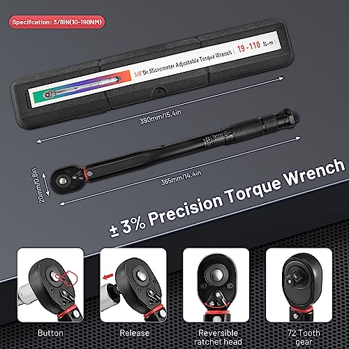 Vusddy Professional Drehmomentschlüssel 3/8 Zoll für Auto & Motorrad, 19-110 Nm, 0,1Nm Mikro-Einstellung mit Arretierung, ±3% Fehlergenauigkeit, 72 Zähne Ratschenkopf, Klein und Tragbare
