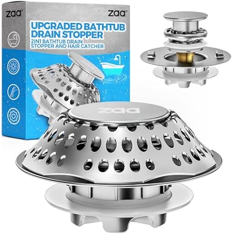 zaa Bathtub Drain Stopper, Upgraded 2in1 Tub Stopper Bathtub Drain Cover and Hair Catcher, Pop Up Bathtub Drain Plug, Replaces Lift & Turn, Tip-Toe or Trip Lever, for 1.46-2" W Drain Hole, Silver Cover
