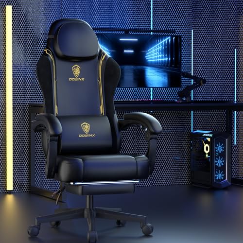 Image of Dowinx Gaming Chair, Office Chair, Gamer Chair, Ergonomic Gamer Chair with Footrest, Massage Gaming Chair, PU Leather, PC Chair, Widened Backrest, 150 kg, Yellow