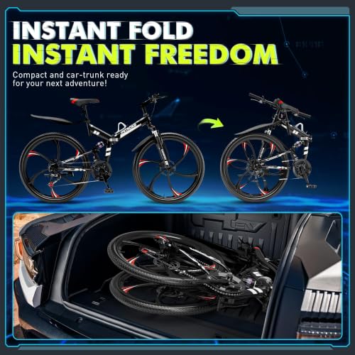 Image of Outroad 26 Inch Folding Mountain Bike, 21 Speed Full Suspension High-Carbon Steel MTB Foldable Bikes, Dual Disc Brake Non-Slip Folding Bicycle for Adults /Men /Women, 26 inch Dark