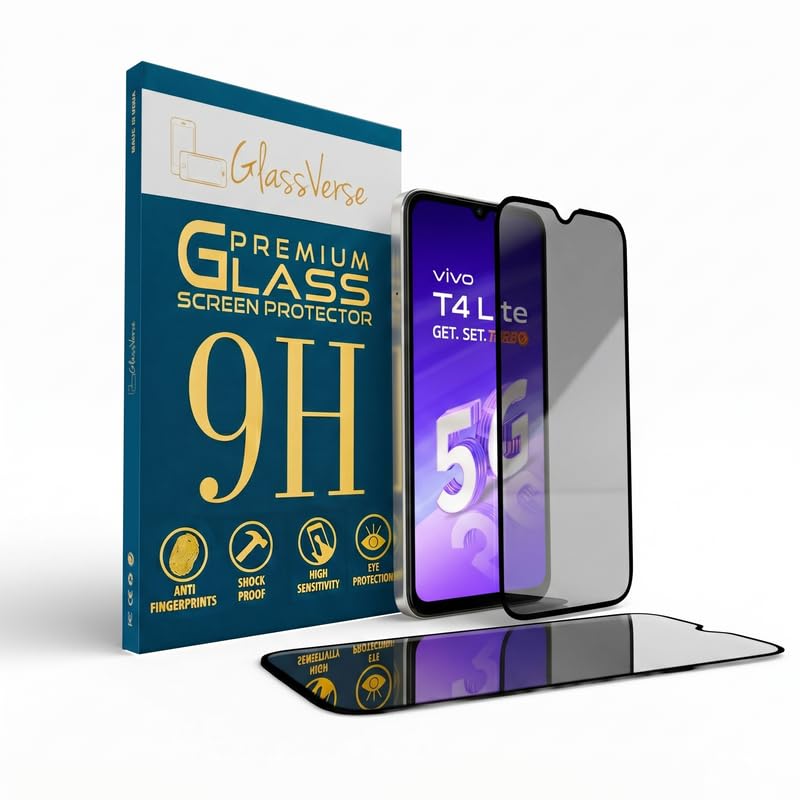 Image of GlassVerse Privacy Tempered Glass for Vivo T4 Lite 5G | Anti Spy Screen Protector, 9H Hardness, Edge to Edge, Case Friendly, Hassle-less Installation Kit Included. (Pack of 1)