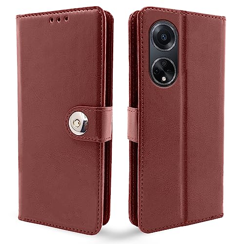 Image of Pikkme Oppo F23 5G Flip Cover Leather Finish | Inside TPU with Card Pockets | Wallet Stand and Shock Proof | Complete Protection Button Flip Case (Brown)