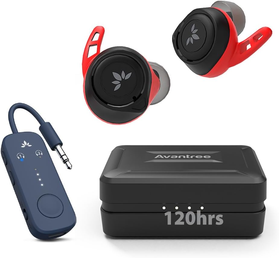 Avantree Relay & TW106 - Premium Airplane Bluetooth 5.3 Adapter, Supports 2 AirPods or Headphones and aptX Low Latency & Wireless Earbuds with Ear Fins for Running Sport Workout Exercise, Sweatproof
