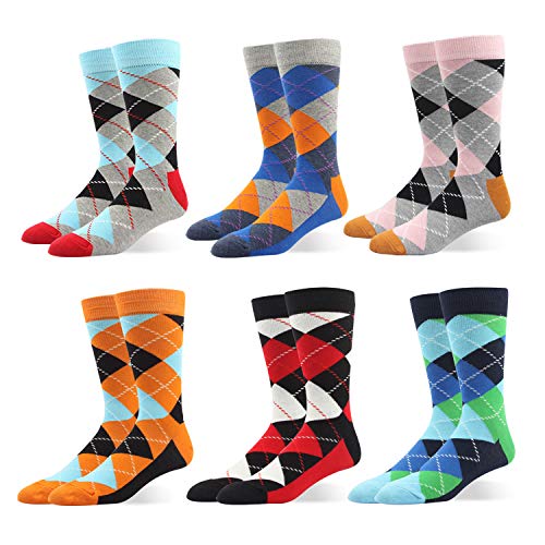 Rioriva Mens Cotton Dress Socks 6 Pack Bright Colorful Argyle Suit Trouser SOX Shoe Size 12-15/13-16