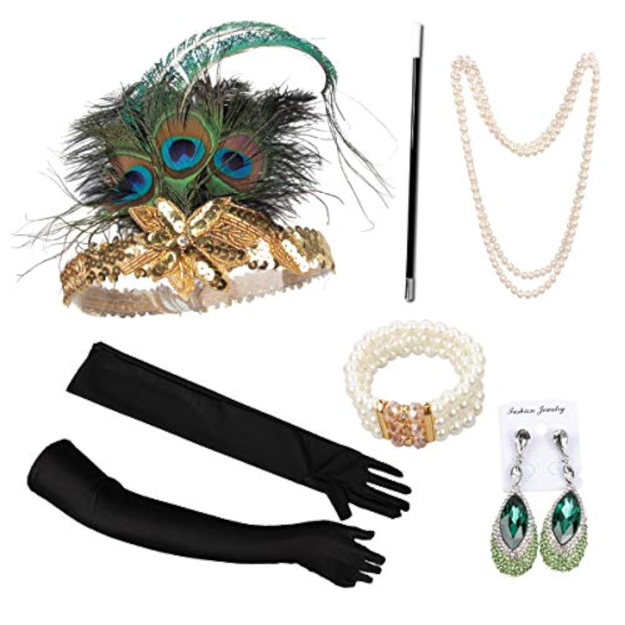 1920s Flapper Gatsby Costume Set with Pearl Necklace & Earrings