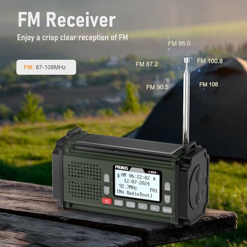 Image of PRUNUS J-924 10000mAh Hand Crank Radio Solar, Battery Powered and USB Charging Emergency, AM /FM /SW, Torch & Reading Light, SOS Alarm, Bluetooth /Micro SD Card /USB Drive, Compass for Camping（Green）