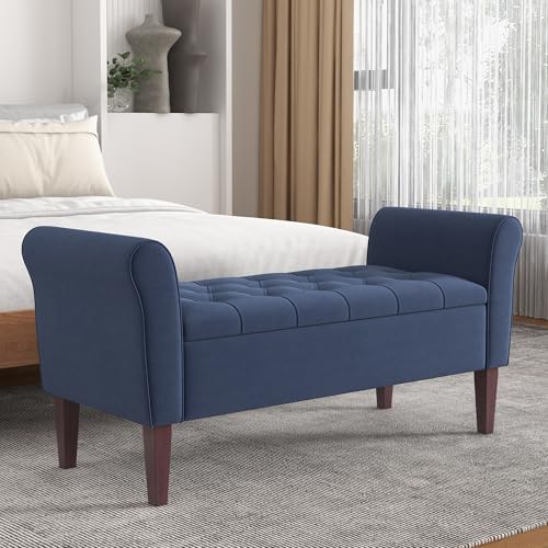 HUIMO 48\" Arm Storage Ottoman with 7.5-inch Solid Wood Legs, Storage Bench, Upholstered Window Sitting Bench for Bedroom,End of Bed Bench Indoor, Livingroom, Entryway (Dark Blue)