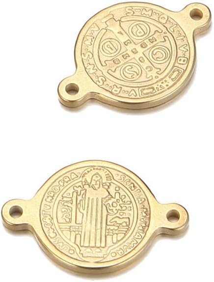 Medalla San Benito de 2 agujeros, acero inoxidable, 2 agujeros, color platadorado, 20 unidades, color plateado