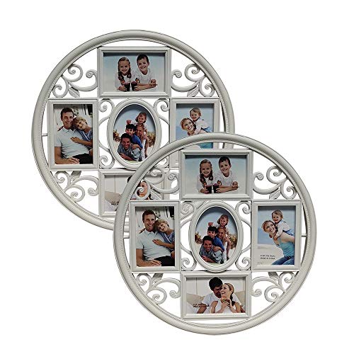 MKUN 2Pack of 4x6 Wall Photo Collage Frames - Round Circular Circle Wall Hanging Picture Collage Frame with Leaf Decoration, 5- Opening (White)