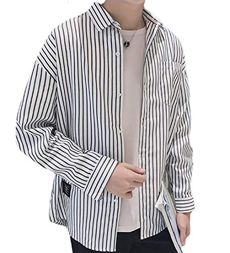[フラップカッシュ] 3カラー M～2XL 春 夏 ストライプ シャツジャケット カジュアル シャツ ゆったり 羽織 メンズ ファッション カワイイ 部屋着 ながそで 服 洋服 カッコいい トップス オシャレ かっこいい 春用 着回し 大人 トライカラー お兄系 キャンプ ワーク おしゃれ シンプル ヘビロテ しゃつ アウター スプリング 流行り クール スマート 花見 男の子 XL ホワイト