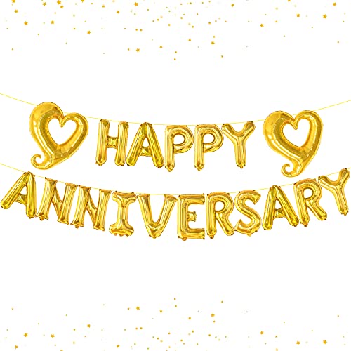 Image of Big Gold Happy Anniversary Balloons Letters - 18 Inch | Happy Anniversary Decorations Banner | Gold Heart Balloons Banner Backdrop, Gold Balloon for Party Decorations, KatchOn