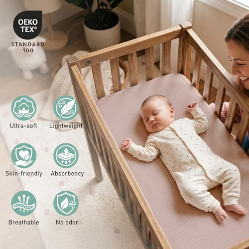 Image of Muslin Bassinet Sheets 2 Pack, Soft Breathable Fitted Sheets for Bedside Sleeper Bassinet, 33x20 Inch, Snug Fit Baby Bassinet Mattress Cover for Newborn Boys Girls (Gentle Colors)