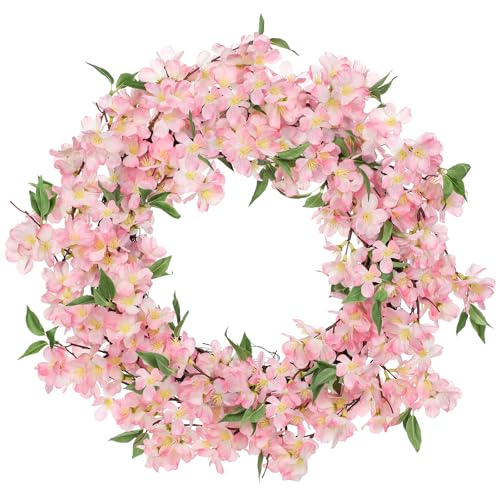 Hollyone 20inch/51cm Artificial Cherry Blossom Wreath for Front Door, Spring Floral Wreath Pink Fake Flower Decorations for Mantle, Window, Wall, Farmhouse