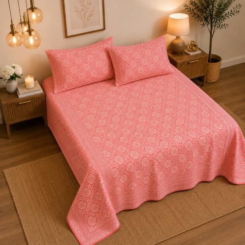 Image of Decor King Size Cotton Bedsheet | 300 TC | 100% Cotton Flatsheet King Size with Two Pillow Covers | (254 * 274 cm, Blush Pink)