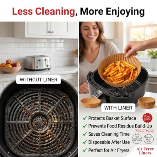 Image of Sakoraware 100 PCS Air Fryer Paper Liners 8 x 8 Inches, Disposable Non-Stick Parchment Paper for Air Fryer, Oil Proof, Food Grade Baking Paper for Roasting, Baking & Cooking (Air Liner RD)