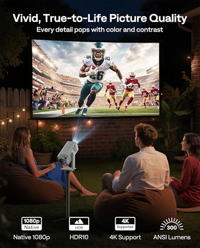 Image of Aurzen BOOM Air Google TV Portable Projector with WiFi and Bluetooth, USB-C Powered, Smart Projector for Outdoor & Home Movie, 4K Supported, Real-Time Focus, Dolby Audio, Adjustable Stand, Off-White