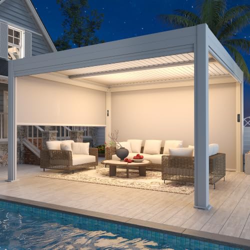 Image of MELLCOM Motorized Louvered Pergola 10x13, Solar & Electric Powered with LED Lights and 4 Side Screens, Aluminum Adjustable Louvered Roof, Weatherproof Outdoor Shelter
