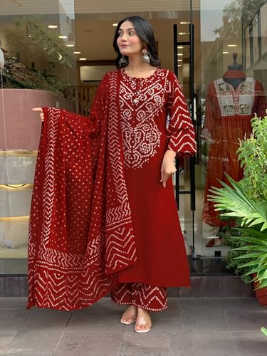 Image of GoSriKi Kurta Sets for Women Rayon Viscose Bandhani Printed | Kurti Set for Woman | Kurta Pant Dupatta Set | Straight Kurti | Round Neck 3 /4 Sleeve Suit Set for Women Stylish Ethnic Outfit