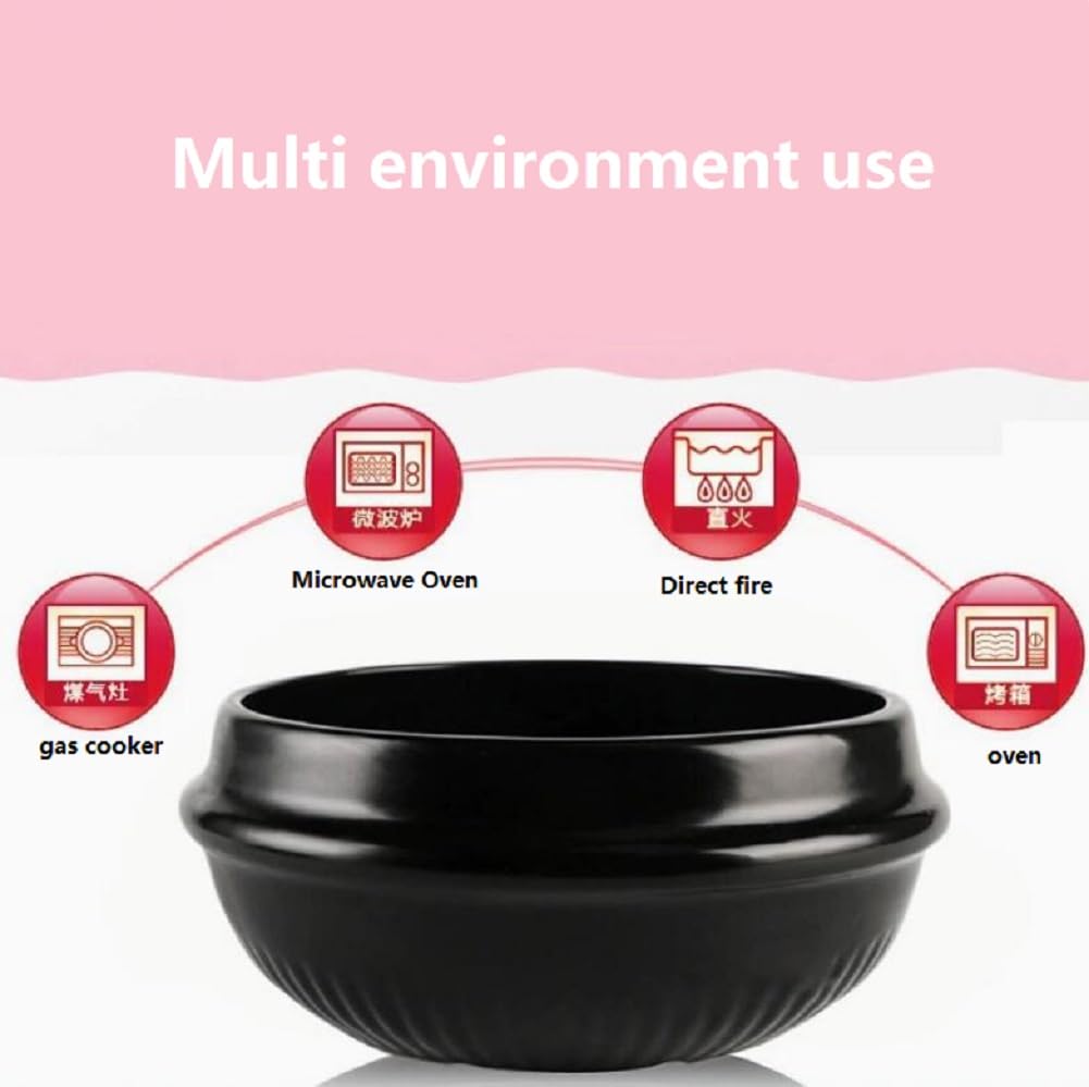 Cuenco De Piedra Coreano para Cocinar Bibimbap, Apta para Altas Temperaturas con Bandeja, Cerámica Bowl Olla De Piedra Antiadherente, para Bibimbap Sopa, Negro,800ML