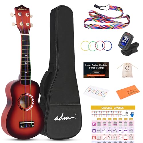 Image of ADM Ukulele for Beginners Hawaiian Wood Ukelele Kit for Kids Adult Student Starter Professional Ukalelee Pack Bundle with Free Lessons Gig Bag Strap Nylon String Tuner (Brownbrust, 21 Inch)