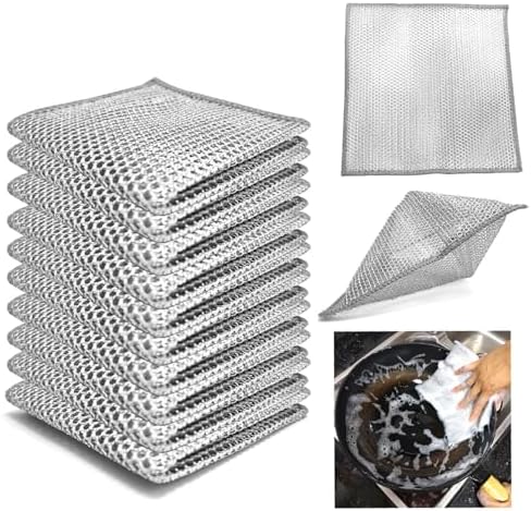 Double layer metal wire scratch free cloth, dry and wet dual-purpose metal wire dishwashing cloth, suitable for kitchen cleaning, cookware, tableware, sink, stove, etc., easy to rinse (10 pieces)