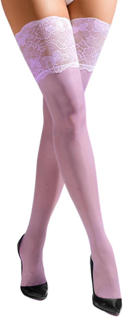 EHSUYAB Women Shiny Lace Top Thigh High Stockings, Silicone Strip Sheer Tights, Fit 0-6 Sexy Pantyhose Club Date Night Outfit