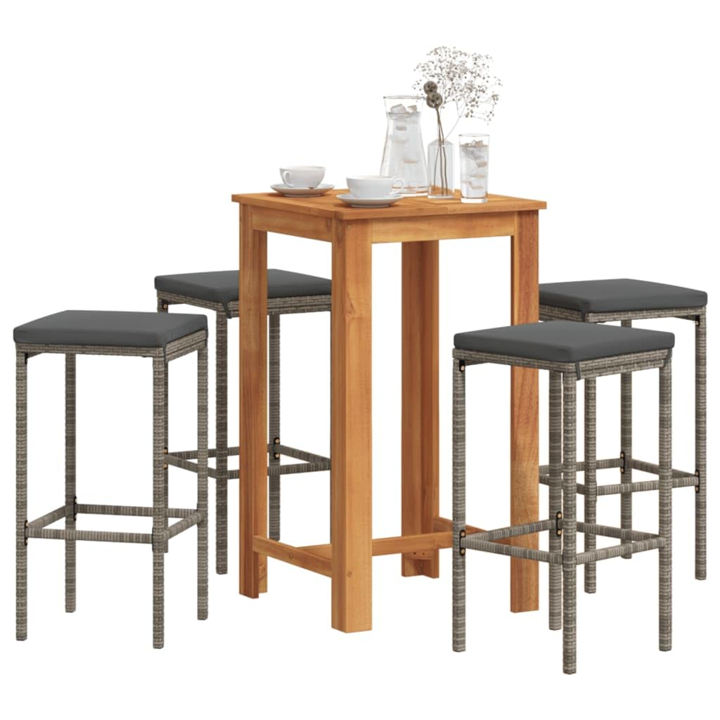 Bar-Set für den Garten, 5 Stück, Grau, Massivholz, Akazie und Polyrattan, Gartenbar-Set, Bar-Set für Zuhause, Bar-Möbel-Set -3295271