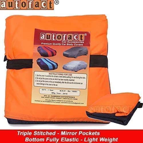 Image of Autofact Car Body Cover for Nissan Kicks (Mirror Pocket, Premium Fabric, Triple Stiched, Fully Elastic, Orange /Blue Color)