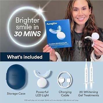 Auraglow Teeth Whitening Kit with LED Light & 35% Carbamide Peroxide Teeth Whitening Gel Refill Pack, 50 Whitening Treatments, Whiten Up to 10 Shades