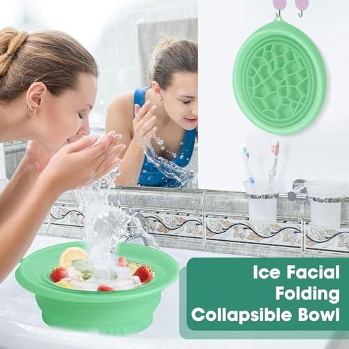 Image of (1 pic Hook) with Silicone Face Bowl for Ice with Built-in Icetray, Collapsible Face Tub for Ice Bath, Facial Ice Plunge Bowl, Ice Water Facials at Home (Green Hook)