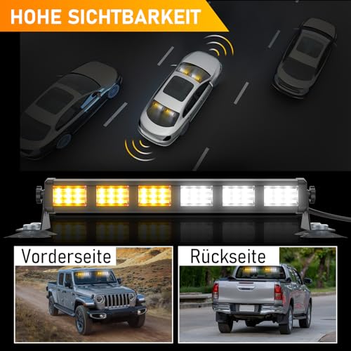 antom Sechs 108LEDs Blinken LED Warnleuchte 2er 36 LEDS Warnleuchte Orange + weißes Leuchtfeuer Rundumleuchte mit 19 Blinkende Stroboskop-Modi für Auto Pkw Truck Traktor KFZ LKW