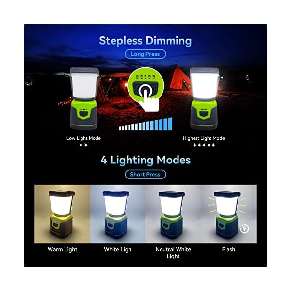 Campinglampe LED Wiederaufladbare Hitonass , 1000lm Superhell Suchscheinwerfer, Camping Licht mit 4 Helligkeiten Dimmbar, Notfallleuchte mit Bügel und Haken für Stromausfällen, Wandern, Notfall, usw. – Bild 4