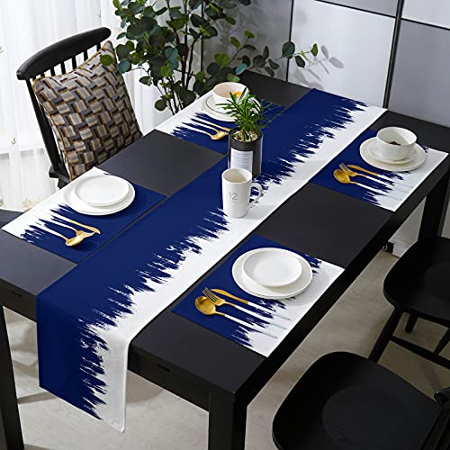 Navy Blue White Texture Placemat With Matching Table Runner Cotton Linen Burlap Coffee Table Mat Top Set,Abstract Modern 6Pcs Place Mats + 13"X90" Runner For Kitchen Dinner Wedding Party Table Decor #TOP13