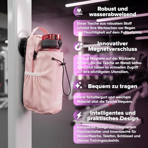 QUICKFLX Fußball-Training Sling Bag – Kompakte Sporttasche mit Magnet-Befestigung & Flaschenhalter – Wasserdicht für Gym, Training & Freizeit – Schwarz, Pink, Olivgrün (Pink)