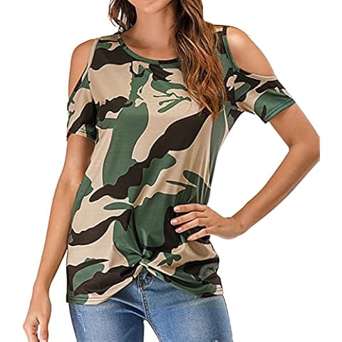 FAQIAN T Shirts for Women Summer Short Sleeve O Neck Off Shoulder Slim Fit T-shirt Tops Blouses Womens Casual Fashion Plus Size Cotton Color Block Leopard Camouflage Floral Print Tunic Crop Top Blouse Cover
