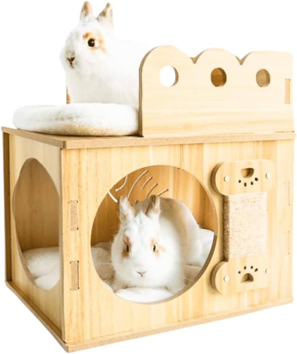 Large Wooden Rabbit House and Hideouts with 2 Cotton Mats Detachable Bunny Castle Small Animal Play Hideaway Hideout Cage Accessories for Indoor Adult Guinea Pig Chinchilla Habitat