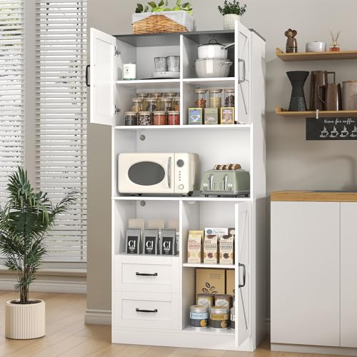 Image of Kitchen Pantry Storage Cabinet with LED Lights and Power Strip, Tall Farmhouse Kitchen Pantry with Barn Doors and Drawers, Adjustable Shelves for Dining Living Room (White)