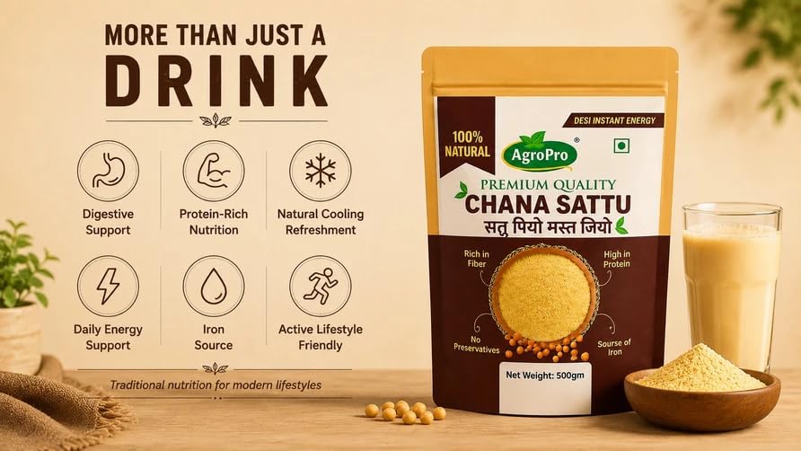 Image of AgroPro Chana Sattu Flour, 100% Natural, High in Protein, Rich in Fiber, Source of Iron, 500gm, Made from Roasted Bengal Gram
