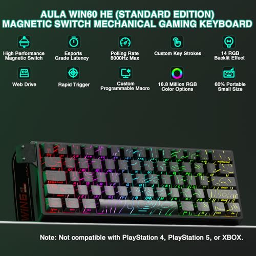 Image of Aula WIN60 HE - 60% Mechanical Gaming Keyboard Wired, Hall Effect Magnetic Switch Hot Swappable, Adjustable Actuation RT Mode, 8000 Hz Polling Rate, RGB Keyboard 60 Percent Compact Design for PC
