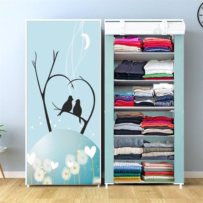 CMerchants Portable Collapsible Wardrobe for Clothes Storage – Foldable Cloth Organizer Cupboard with Shelves for Bedroom & Home (Durable, Space Saving Design) (MBLUE Love Bird, 6-Layer)-image-13