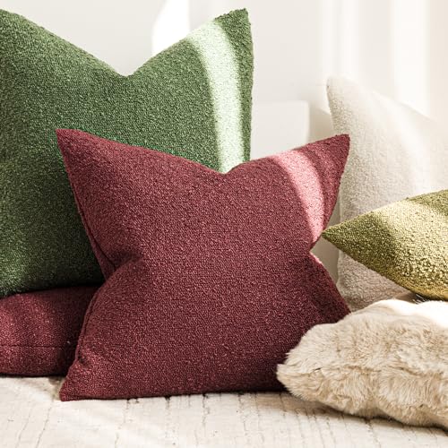 Image of Foindtower Set of 2, Decorative Textured Boucle Throw Pillow Covers Accent Solid Pillow Cases Neutral Cozy Couch Cushion Case for Chair Sofa Bedroom Living Room Home Decor 24 x 24 Inch Hunter Green