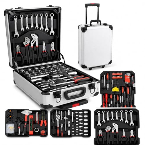 GREEN MOUNT 187 Pcs Tool Set with Lockable Tool Box on 2 Wheels Professional Tool Kit for Home Auto & Mechanics Comprehensive Hand Tools with Socket Wrench Set in Portable Trolley Case