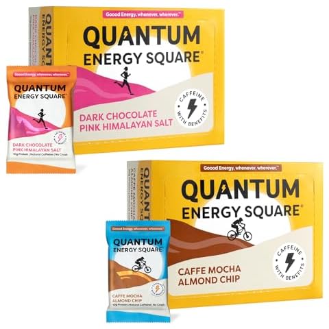 Quantum Energy Square: Energy Bar w/Caffeine & 10g Protein. Delicious Healthy Snack On The Go. Vegan, Gluten, Soy & Dairy-free. Dark Chocolate Pink Himalayan Salt 8Pack + Caffe Mocha Almond Chip 8Pack Cover