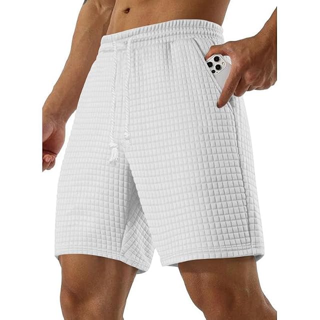 Casual Gym Bermuda Shorts Mens Summer Fashion Loose Solid Color Athletic Drawstring Elastic Waisted Shorts Pockets