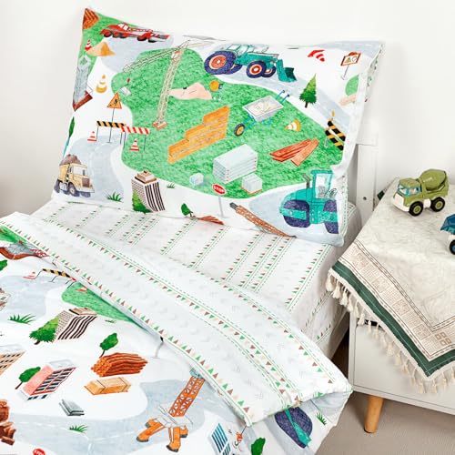 Image of 4 Piece Toddler Bedding Set, Ultra Soft and Breathable Toddler Comforter Sets for Boys Includes Quilted Comforter, Fitted Sheet, Flat Sheet and Pillowcase, Vehicles