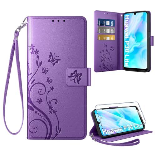 Coiwxmoi Coque pour Huawei P30 Lite + 1 Verre Trempé, Retro Design Housse Premium en Cuir PU Pochette de Portefeuille pour Porte Cartes Fonction Stand Flip Etui pour Huawei P30 Lite, Violet