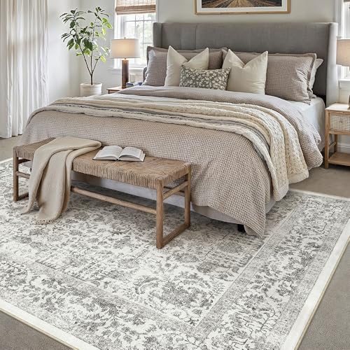 Black Area Rug 10x12 Machine Washable Large Vintage Living Room Distressed Non Slip Carpet Traditional Indoor Bedroom Grey Retro Floral Accent Throw Rug for Office Kitchen Dining Room